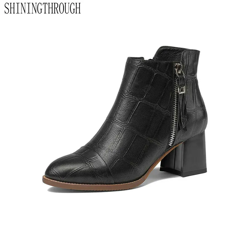 

Fashion Women Ankle Boots Genuine Leather Spring Autumn Warm High Heels Zipper Motorcycle Boots Brand Shoes Woman