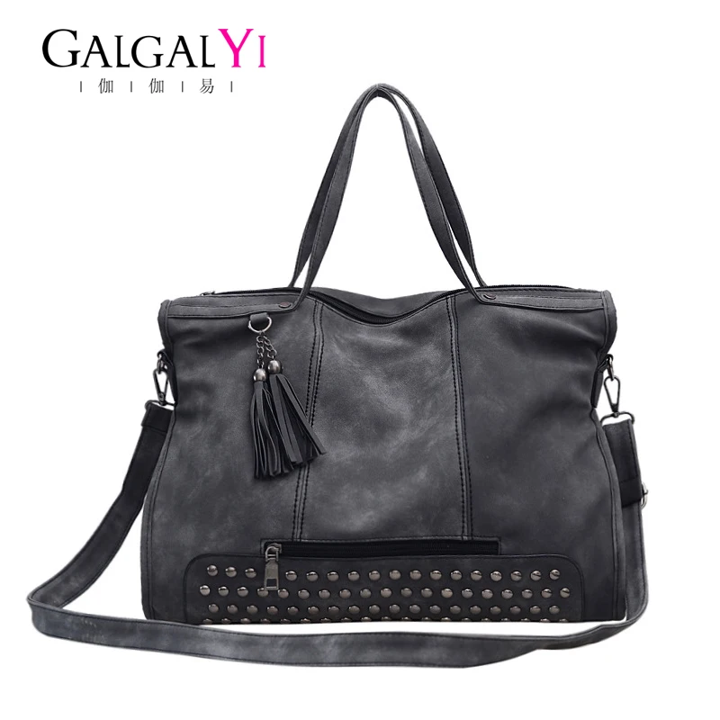 

Large-Capacity PU Leather Female Top-handle Bags Rivet Larger Women Bags Hair Ball Shoulder Bag Motorcycle Messenger Bag
