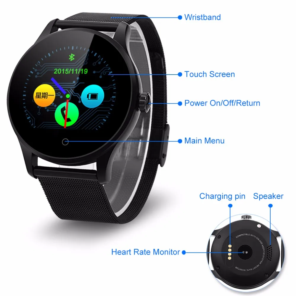 Смарт-часы K88H, HD дисплей, монитор сердечного ритма, шагомер, фитнес-трекер, MTK2502C, мужские Смарт-часы, подключенные для Android IPhone