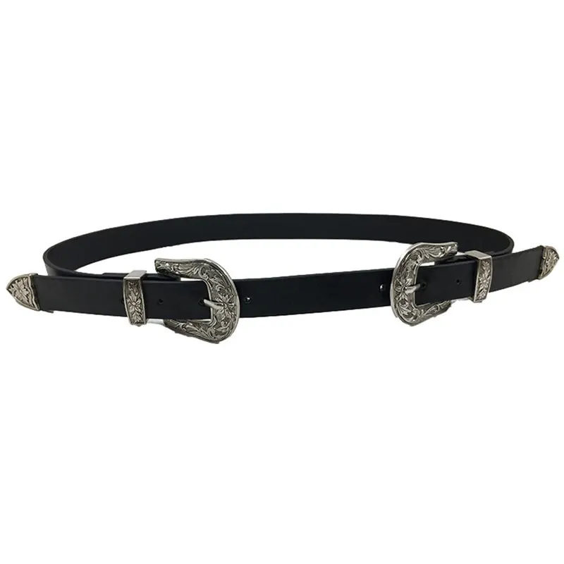 Silver Boho Lady винтажный металлический кожаный двойной пряжкой пояс с пряжкой для пояса модные женские аксессуары 40FE02 - Цвет: Silver