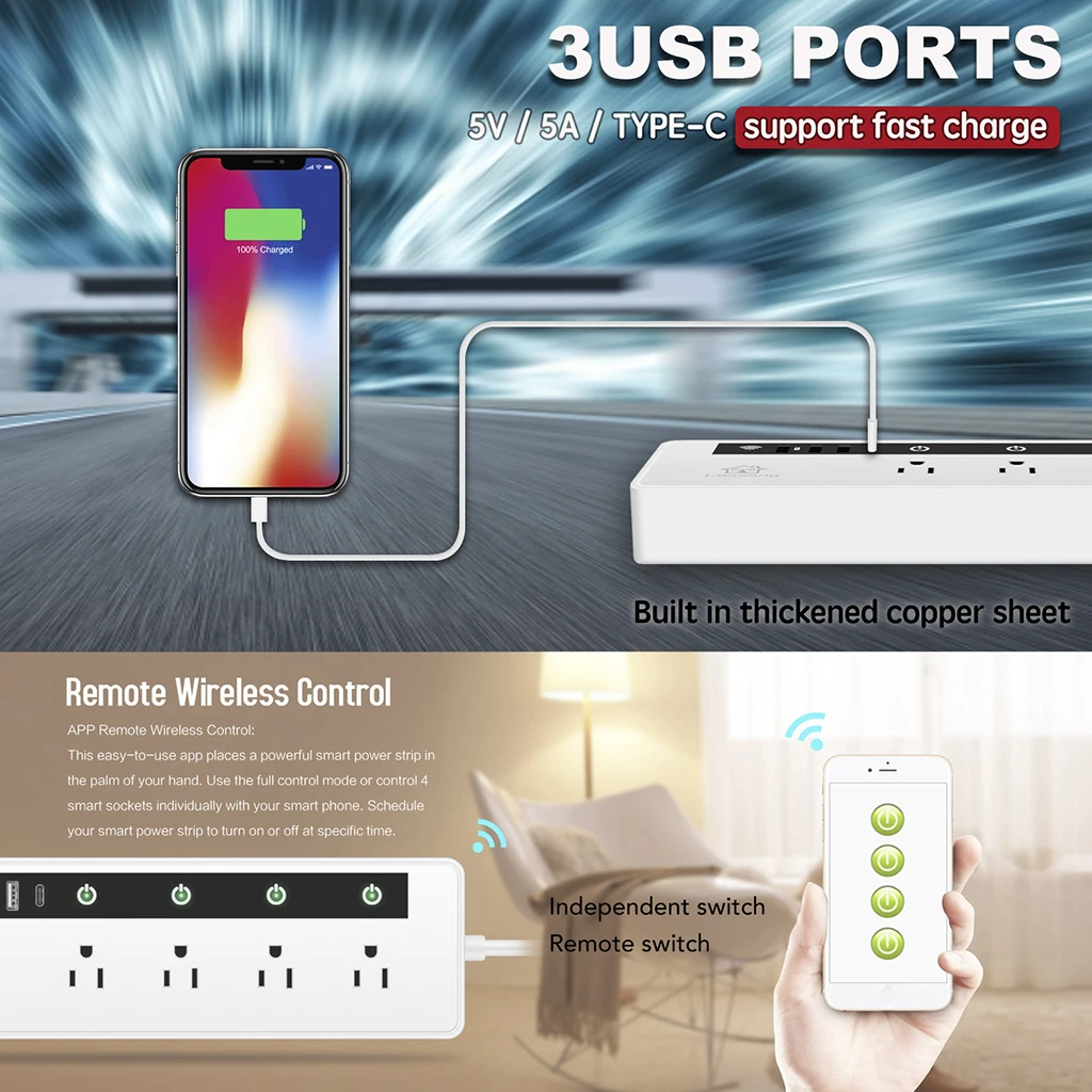 Smart Power Strip WiFi Remote Control 4AC+3USB Port US Plug Charger Accessories