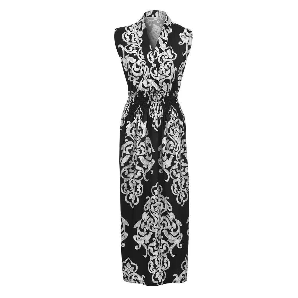

Vintage dress women elegant Fashion Casual Sexy V-Neck Sleeveless party dress 2019 Summer Boho Print Long Strapless Dresses
