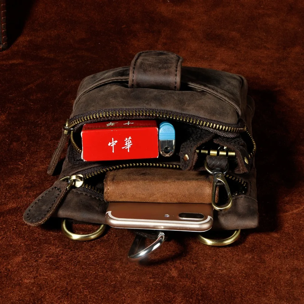 Thick Crazy Horse Leather Male Design One Shoulder Messenger bag Fashion Hook Belt Fanny Waist bag Pack Summer Small Phone 6549