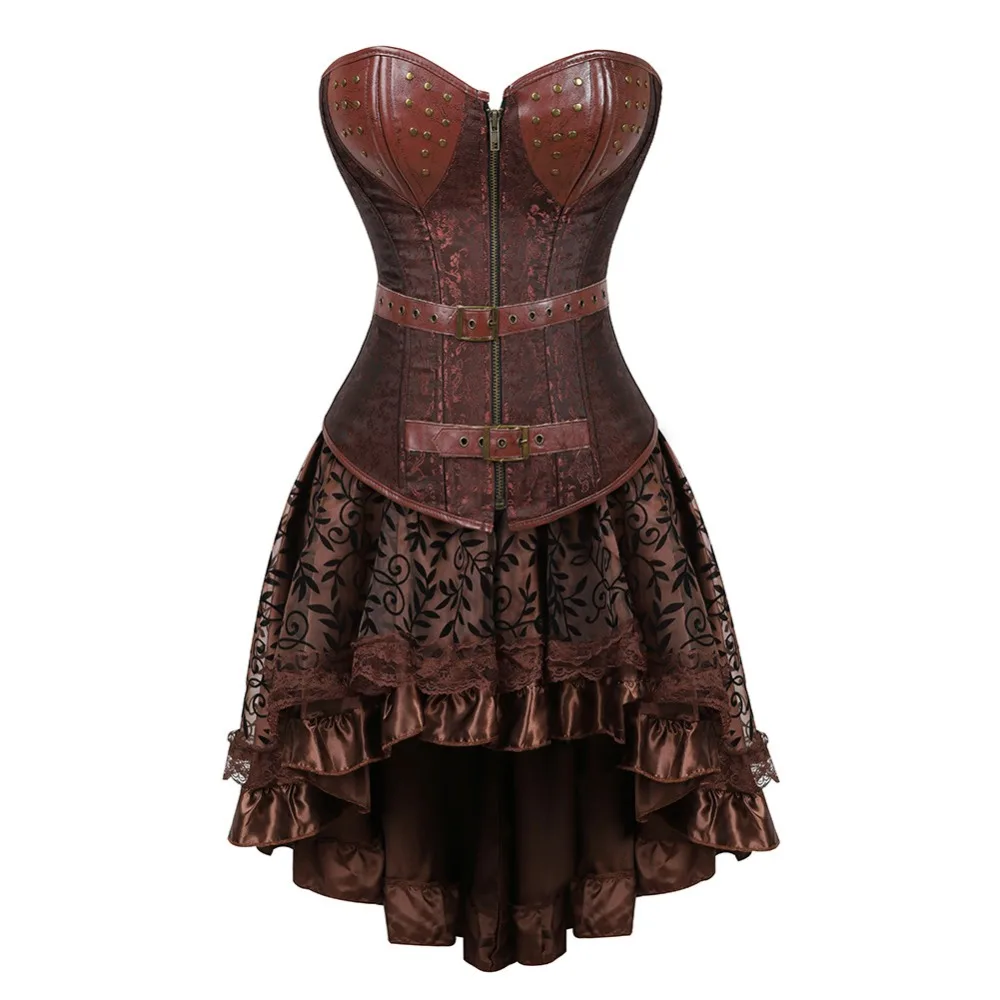 

Steampunk Corset Dress with Skirt Sexy Gothic Women Vintage Retro Corselet Lace Up Bustiers Korset Leather Plus Size Buckle Top
