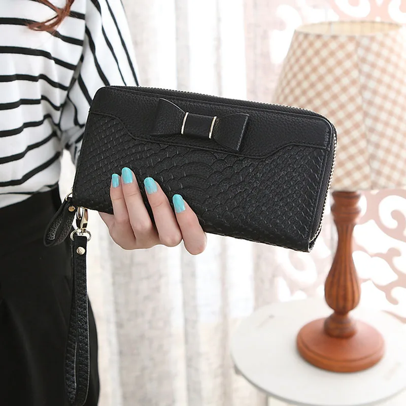 Women Long Purse With Hand Strap Solid Color PU Leather Zipped