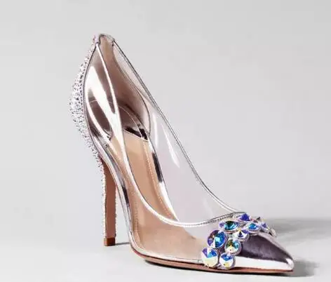 Женские свадебные туфли серебристого цвета с острым носком; женские прозрачные туфли-лодочки из ПВХ на высоком каблуке с блестящими кристаллами; женские вечерние свадебные туфли