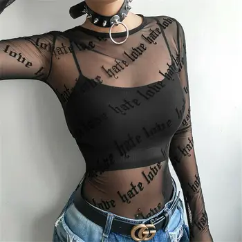 

Women Lace Mesh Sheer T-Shirts See-Through Black Perspective See Through O Neck Long Sleeve Slim T Shirt Tops