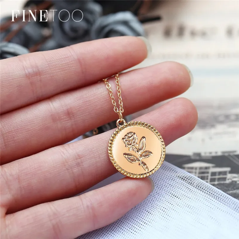 Download Vintage Gold Color Engraved Rose Flower Statement Necklace for Women Long Chain Round Pendant ...