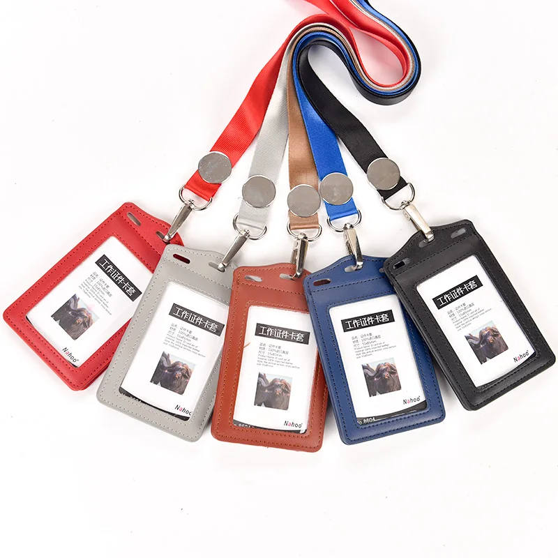 Nahoo Genuine Leather Lanyards Id Badge Holder Double Card
