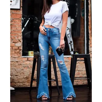 

2019 Plus Size Women Hole Flare Jeans Fashion Tassel Bell-Bottom High Waist Denim Pants Solid Slim Casual Trousers