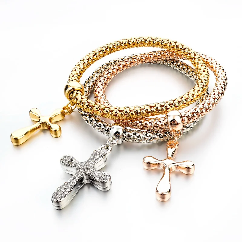 LongWay новые золотые браслеты с крестообразной подвеской браслеты 3 шт. Многослойные хрустальные браслеты для женщин винтажные ювелирные изделия Sbr150380 - Окраска металла: Gold