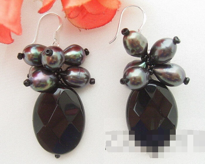 

free shipping 13295 Black Pearl&Onyx Earring