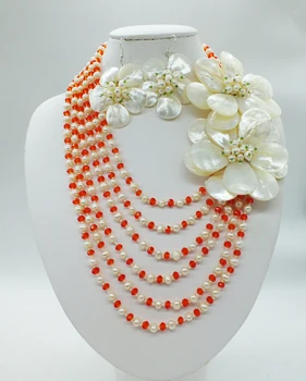 

Classic fashion! Freshwater Pearls. Crystal 6 rows of hand-woven flower necklaces. African Bridal Wedding Necklace Set