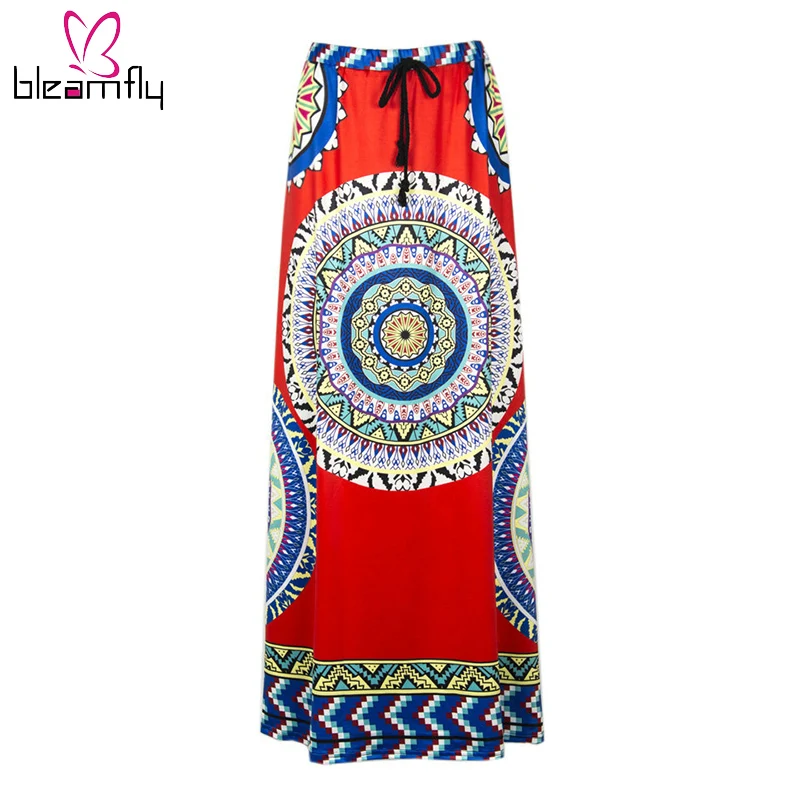 

2017 Boho Bohemian Long Skirts Female Ethnic Printed Tribal Elegant Vintage Skirt High Waist Pleated Indian Skirt for Women