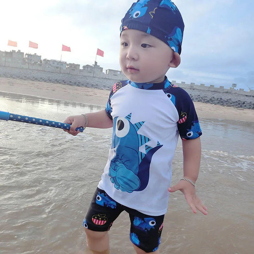 

2-9Y Kids Swimming Clothes 3Pcs Boy Summer Swimsuit Tee Tops+Pants+Cap Set Cartoon Monster Printing Boys Swimwear Bathing Trunks