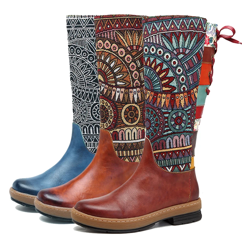 Najtaniej Socofy Vintage buty ze skórki cielęcej damskie buty artystyczny retro buty motocyklowe z prawdziwej skóry strona z nadrukiem na zamek błyskawiczny koronka z tyłu Botas