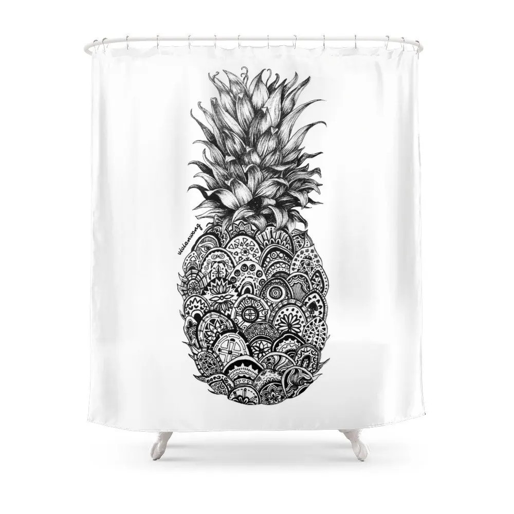 Pineapple Zentangle Black And White Pen Drawing Shower CurtainSet Bath