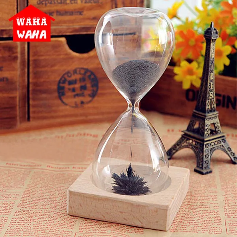 

Hand-blown Count Down Timer ClockMagnetic Powder Sand Leakage Modeling Crafts Sand Clock Hourglass Timer Wooden Seat Home Decor