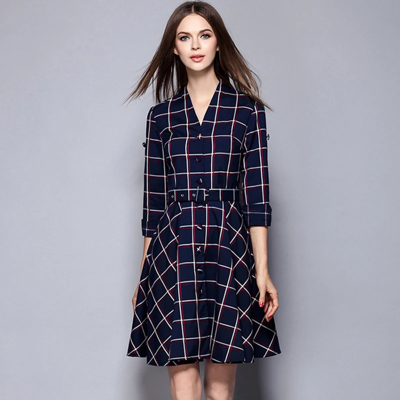 Msguide Womens Elegant Belted font b Tartan b font Check Plaid Button Long Sleeve V Neck