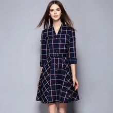 Msguide Womens Elegant Belted Tartan Check Plaid Button Long Sleeve V Neck Tunic Work Casual Office Party A-Line Swing Dress 868