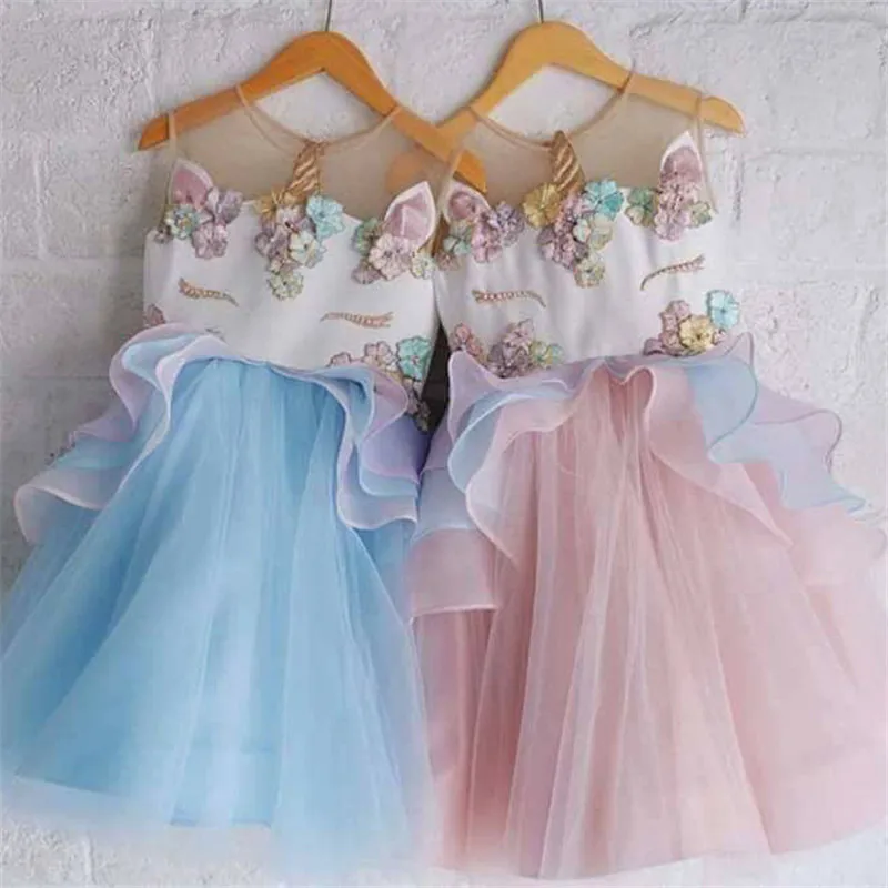 

7PCS Girls Unicorn Party Dress Embroidery Beading Gauzze Princess Dress Handmade Girls Tulle Dresses Children Clothing H0119