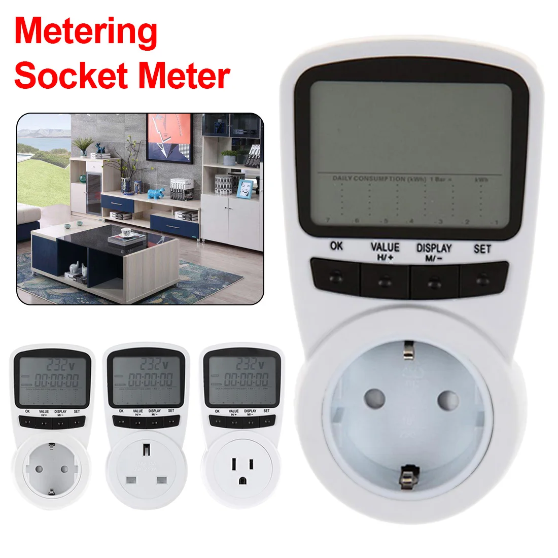 

US EU UK Plug Style LCD Display Energy Meter Power Meter Socket Energy Monitor Tools Watt Voltage Amps Measuring Outlet