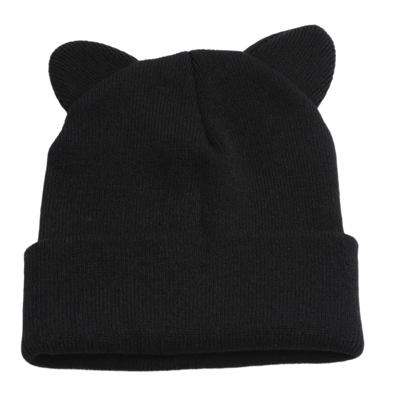Милая теплая зимняя повседневная шапка Skullies Beanies, модная дизайнерская Шерстяная кепка, шляпа серого и белого цвета с милыми кошачьими ушками, вязаная шапка