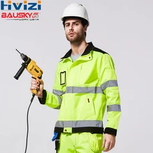 Men's Hi Vis Yellow Work Jacket Working Cargo Coat Jacket Men Reflective Safety Workwear Clothes free shipping men winter jacket workwear hooded reflective thicken padded cotton clothes wear resistant work safety jacket workshop coat