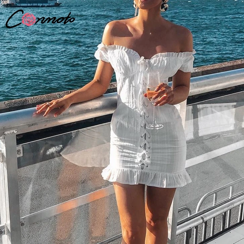 

Conmoto White Bodycon Dress Women Autumn Winter Sexy Short Sleeve Party Dress Feminino Ruffle Lace up Mini Dress Vestidos
