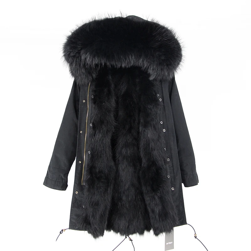 OFTBUY, Длинная зимняя куртка, женская верхняя одежда, толстые парки, енот, натуральный мех, воротник, пальто с капюшоном, настоящая теплая подкладка из лисьего меха