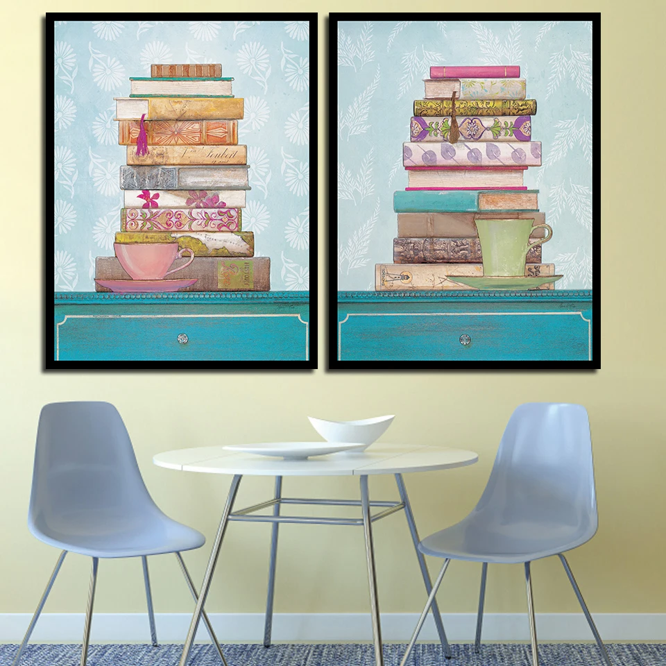 

Nordic Style Wall Artwork Print HD Canvas Painting Book And Coffee Cartoon View Poster Pop Pictures For Living Room Home Decor
