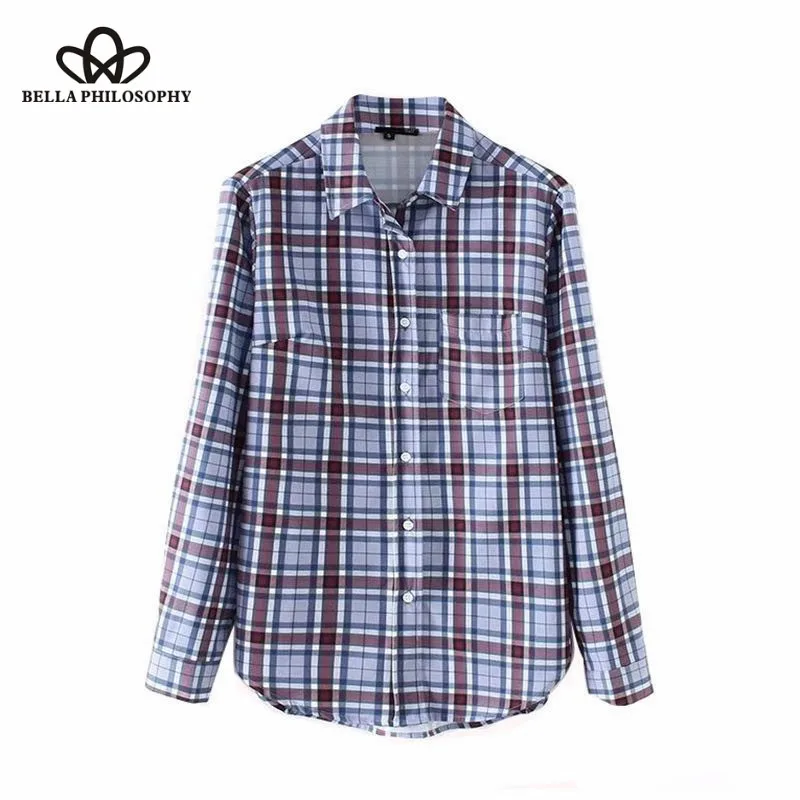 Wonder 2018 new vintage contrast color plaid printing casual  blouse ladies office wear long sleeve basic femininas blusas tops