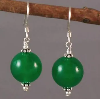 

Lovely tibet 12mm green Natural Stone bead dangle 925 silver hook earrings