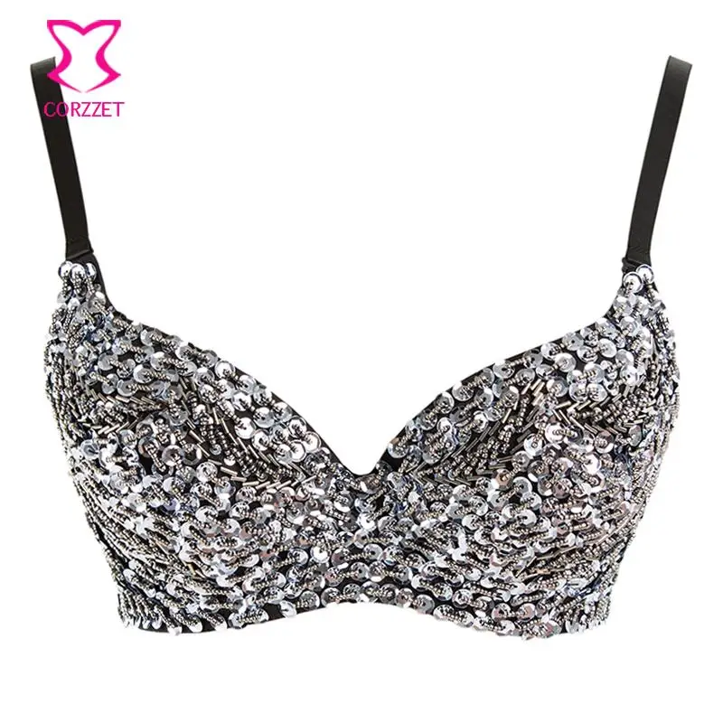 

Corzzet Sexy Gothic Bralette Silver Rock Punk Bra Push Up Cup 32B-40B Girls Party Club Deep Plunge Bra Women Lingerie Underwear