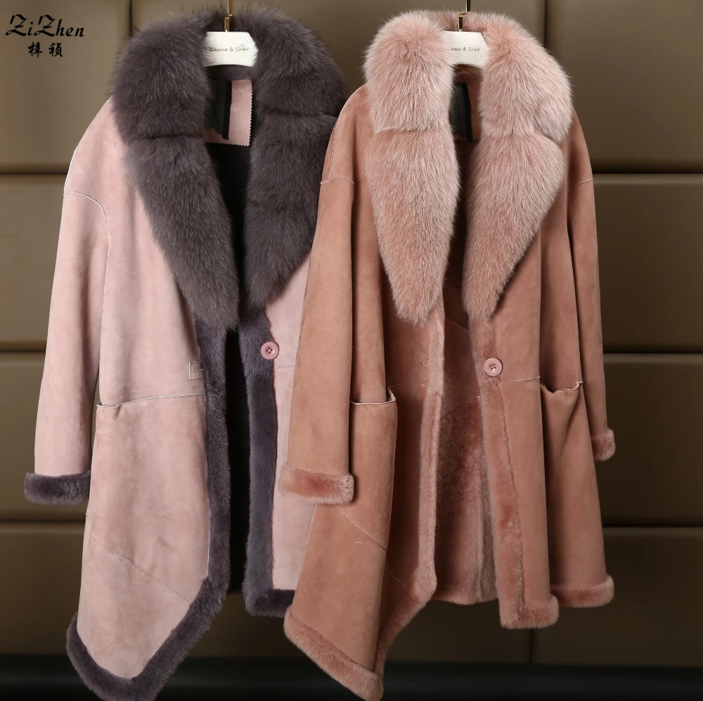 Winter Women Double faced Fur Overcoat Real Lamb Fur Suede Coat With