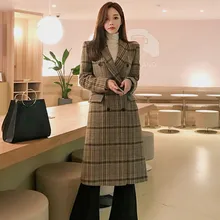 Осень зима шерстяное женское клетчатое длинное пальто с карманами для офиса модное Брендовое женское тонкое сексуальное пальто с отворотом и длинным рукавом
