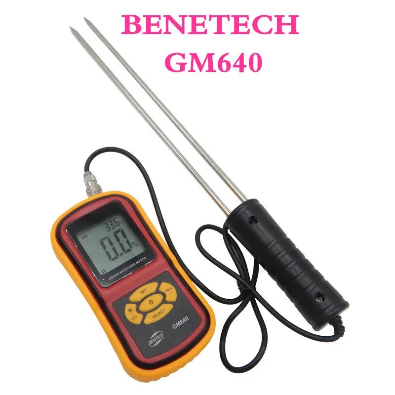 GM640 Digital Grain Moisture Meter with Probe needle for Corn Wheat Rice Temperature Humidity Tester Monitor with Retail Box digital multi grain moisture meter tester rice wheat rye peas corn oat 6 30% tk25g
