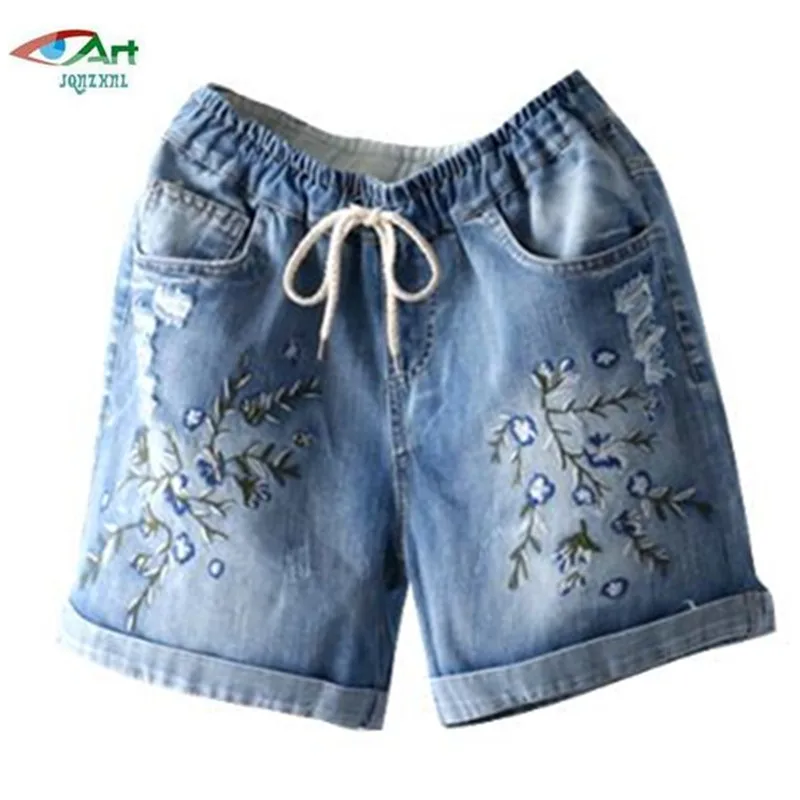 

summer loose embroidered cotton denim shorts Spring casual stretch waist denim shorts summer women's curling shorts AS606