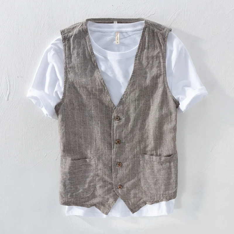 Suit Vest Waistcoat Vintage Striped Casual Linen Mans Thin Cotton Slim-Material Asian-Size