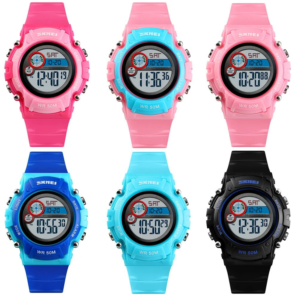 SKMEI мода спортивные электронные часы для мальчиков и девочек Multi-function водостойкие часы обратного отсчета светодиодный цифровой Детские