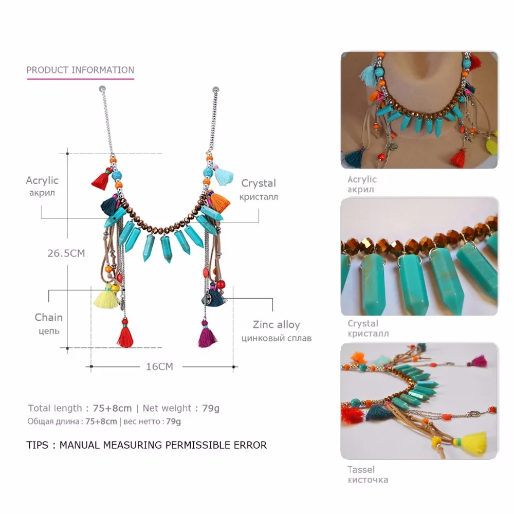eManco Hot Now Bohemia Colorful Tassel Geometric Chain Necklace & Pendant Women Crystal Imitation Stone Resin Rope Jewelry