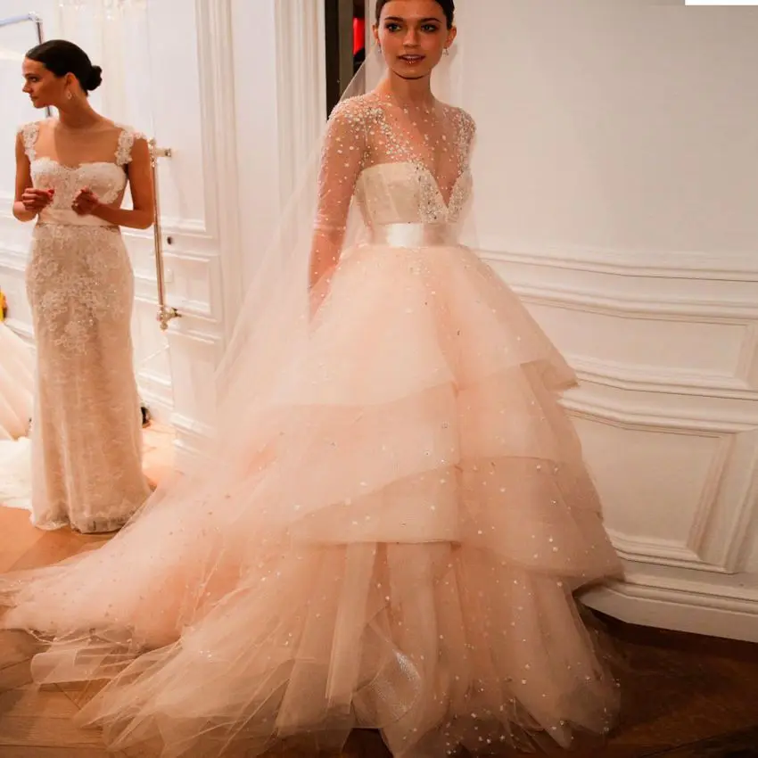 2016 Long Sleeve Wedding Dresses Fast Shipping Tiered Tulle Ball Gown Wedding Gown Tiered Tulle