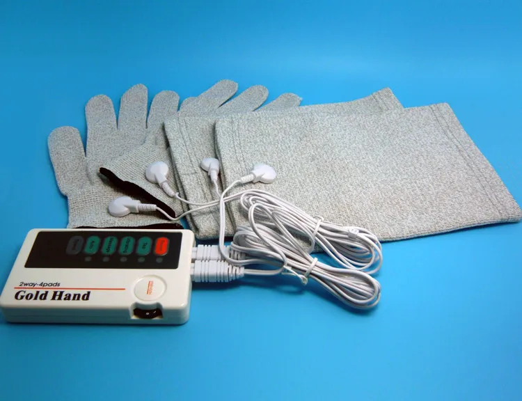 Двойной Тенс машина цифровой электрический массажер с проводящими массажными перчатками и наколенниками и 2 пары электродных подушечек