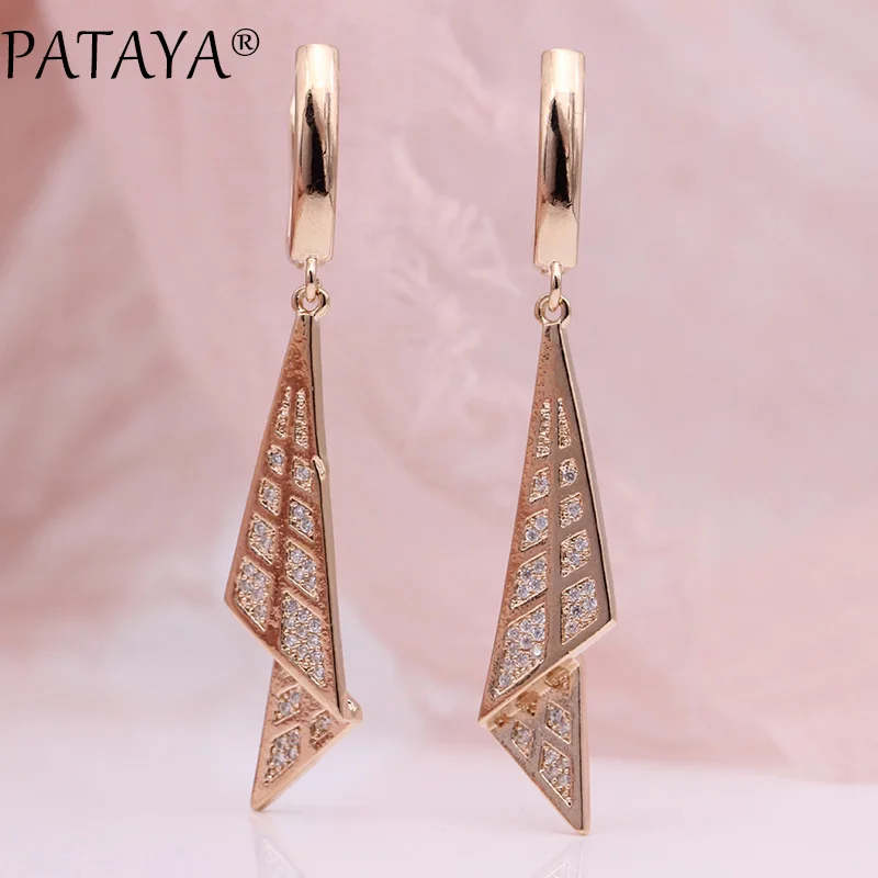 

PATAYA New 585 Rose Gold White Natural Zircon Long Earrings Women Fashion Wedding Jewelry Girls Symmetry Fine Polygonal Earring