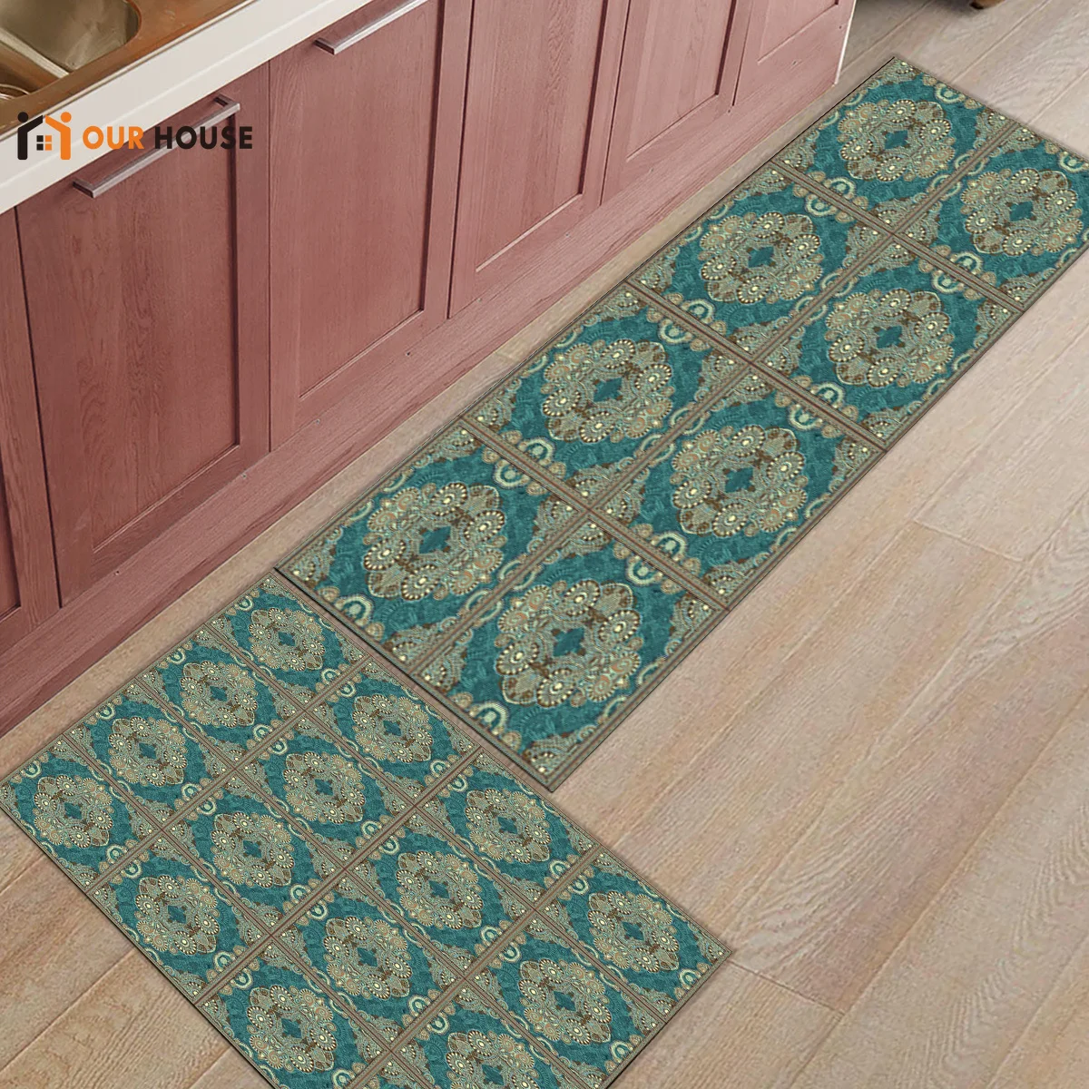 

Ourhouse Baroque Geometry Green Under A Pet Water Food Bowl Bathroom Accessories Set Boot Shoes Scraper Floor Carpets Area
