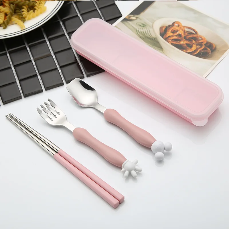 

304 Stainless Steel Tableware Children Cartoon Cute Fork Spoon Chopsticks Box Student Convenient Set Gift