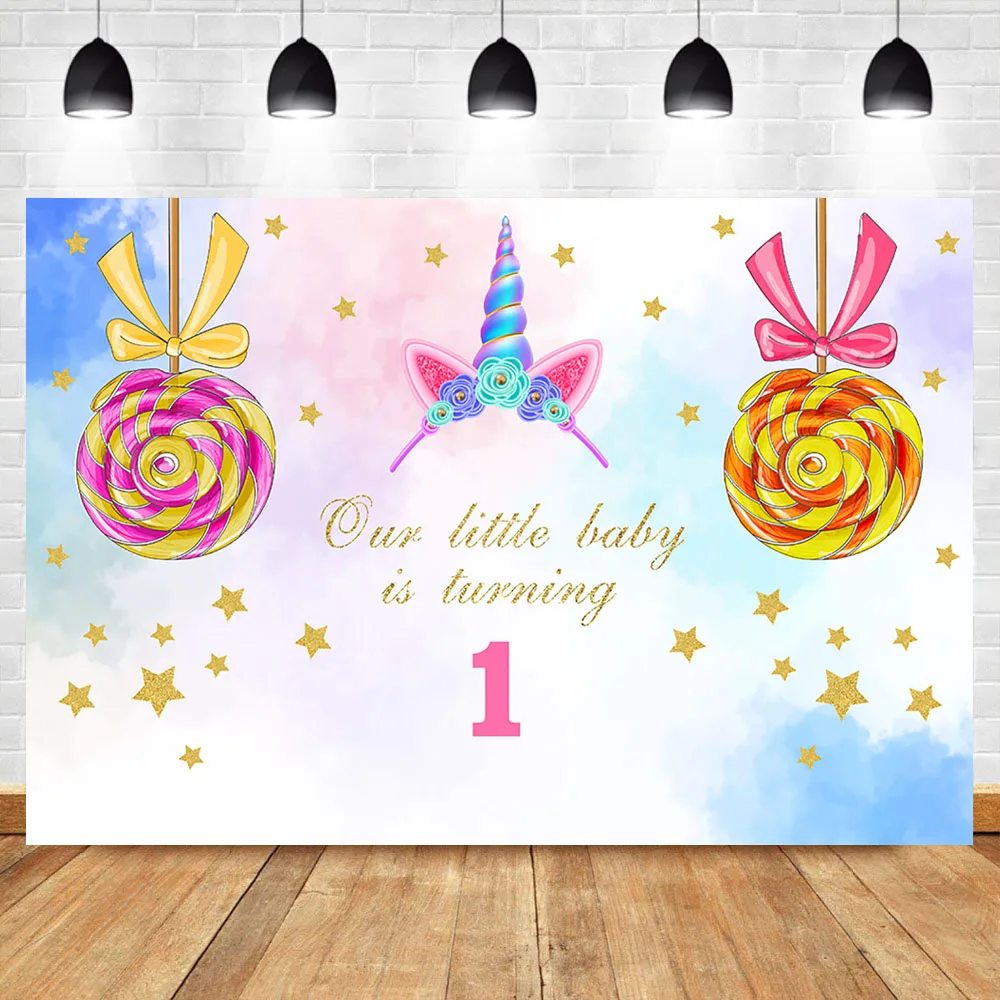 

Unicorn 1th Birthday Backdrop Gold Little Star Lollipop Photography Background Birthday Party Dessert Table Decorations Props