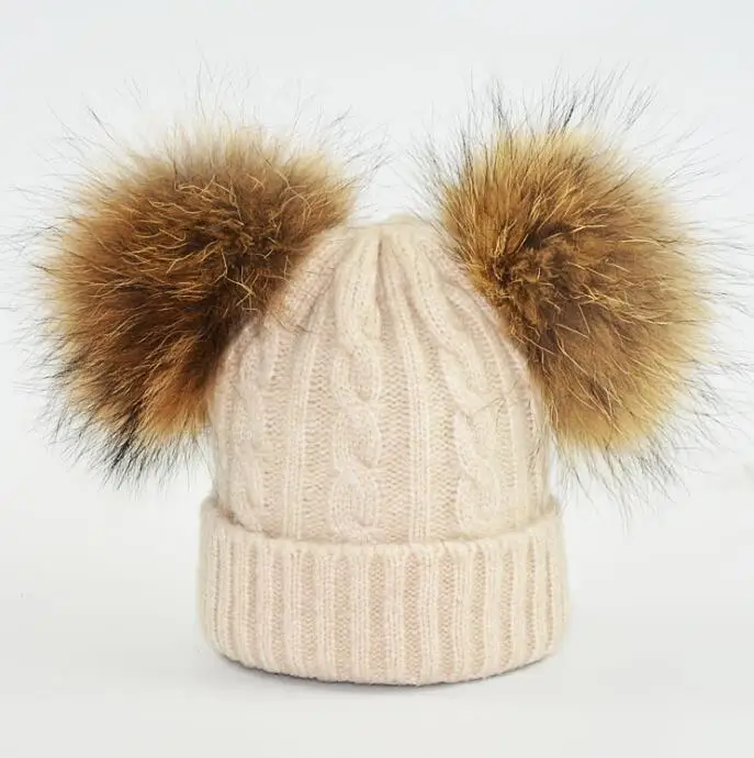 

warm winter fun cos baby hat for girls and boys, with real raccoon fur pom pom hat kids size 42-52cm