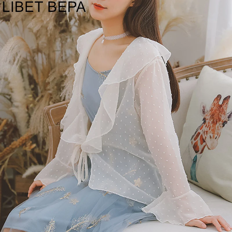 

New 2019 Summer Sun Shirt Casual Cardigan Fashion Chiffon Lace Up Ruffles Flare Sleeve Beach Shirt Mori Girls Blouses CA318