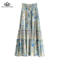 Boho Chic Лето Винтаж цветочный принт оборками Длинная юбка для женщин Мода 2019 г. эластичный пояс кружево до макси пляжные юбки Faldas Mujer